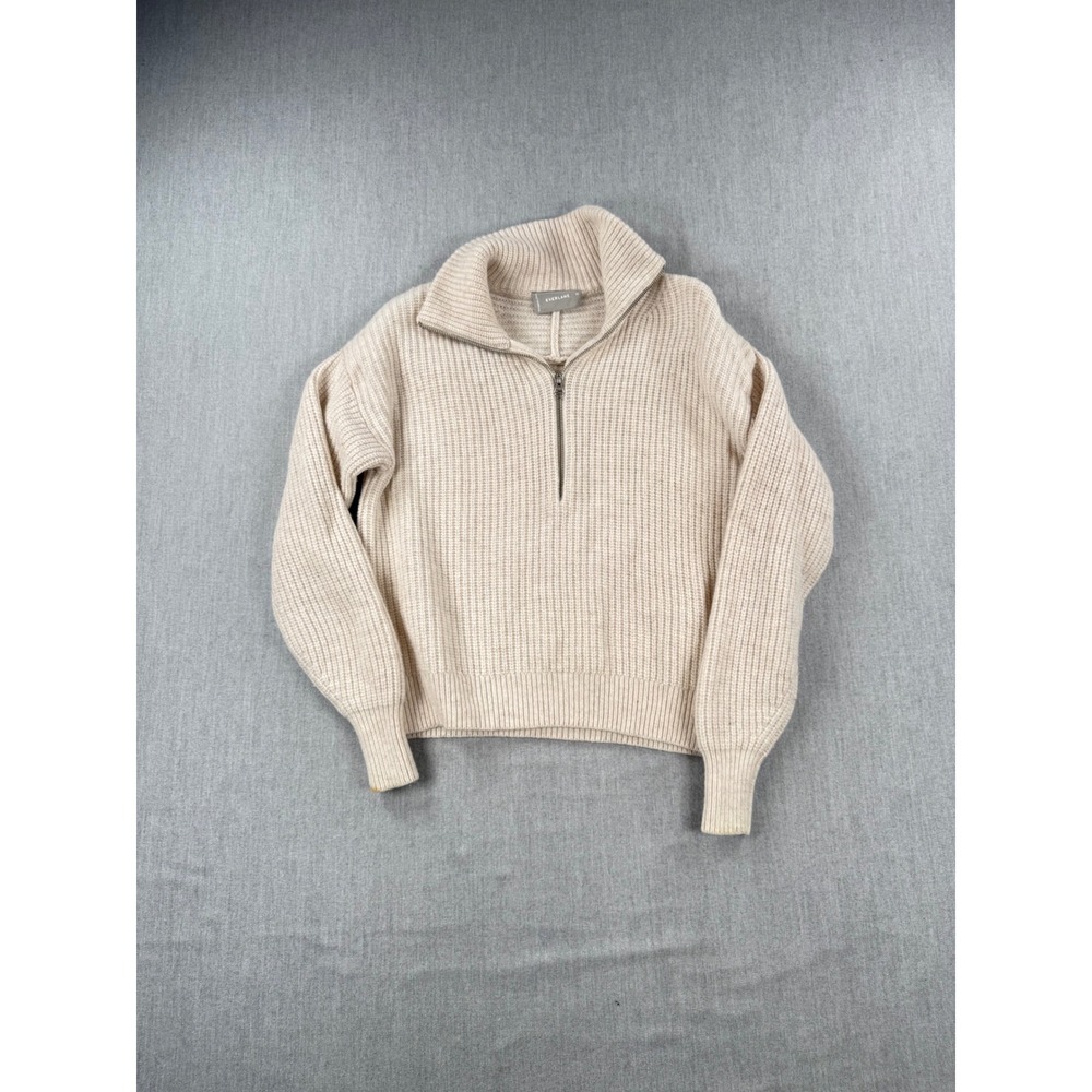 Everlane Oversized Wool Ribbed Half Zip Sweater Beige XS F-SWTR-BWL-HZIP-LS‎